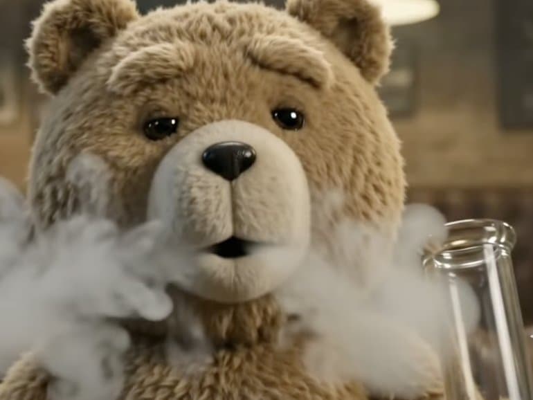 Close-up of Ted the bear relaxing with his eyes closed